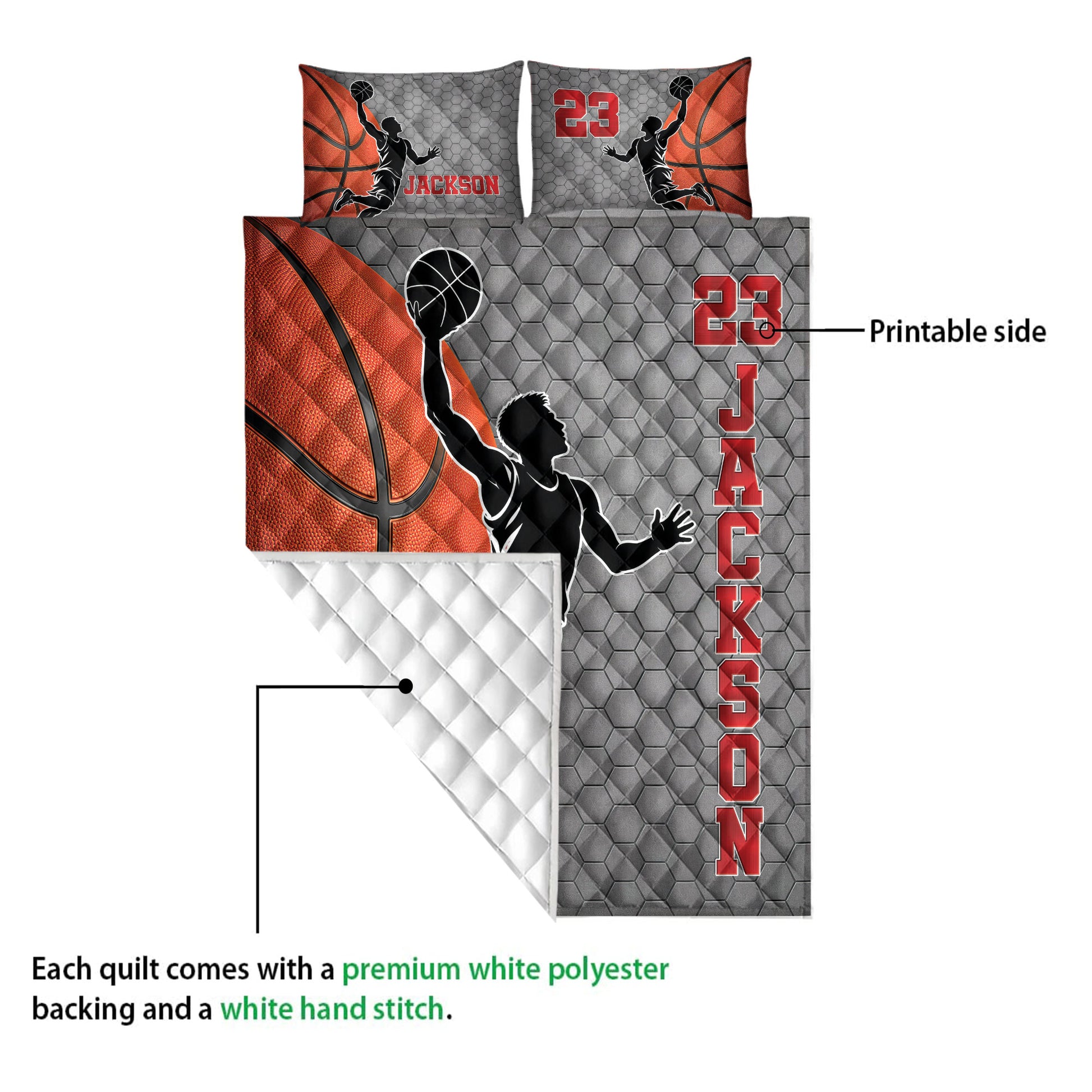 Basketball quilt showing the printed front, white quilted backing, and basketball player artwork