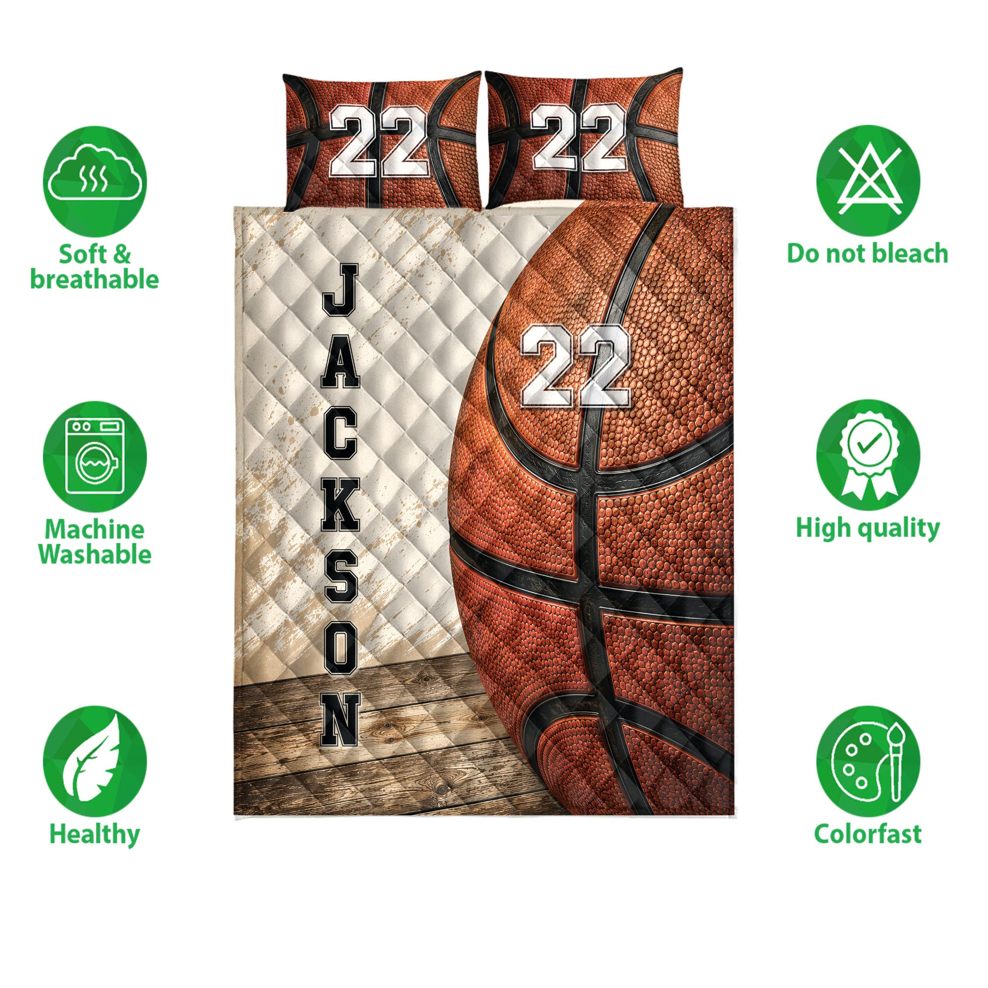 Basketball quilt bedding set shown with orange basketball artwork and a white quilted reverse