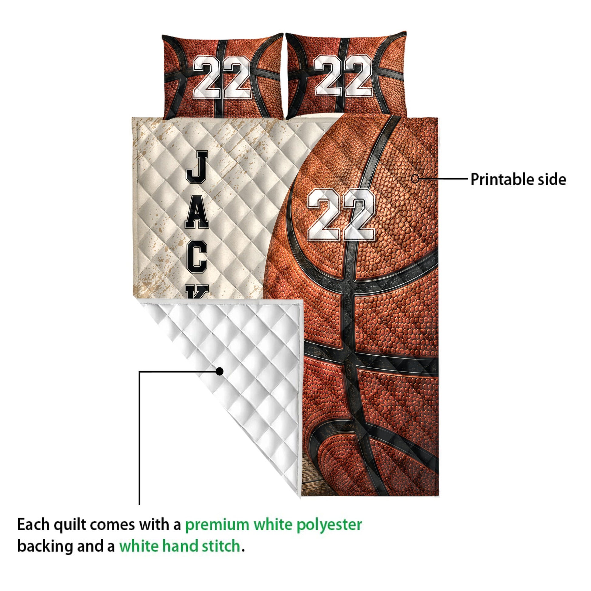 Basketball quilt blanket detail showing the printed orange basketball side and white quilted backing