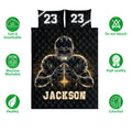 Football quilt bedding set shown front-facing with a helmeted player, black artwork, and feature icons