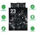 Hockey quilt bedding set shown with goalie gear artwork and soft breathable product feature icons