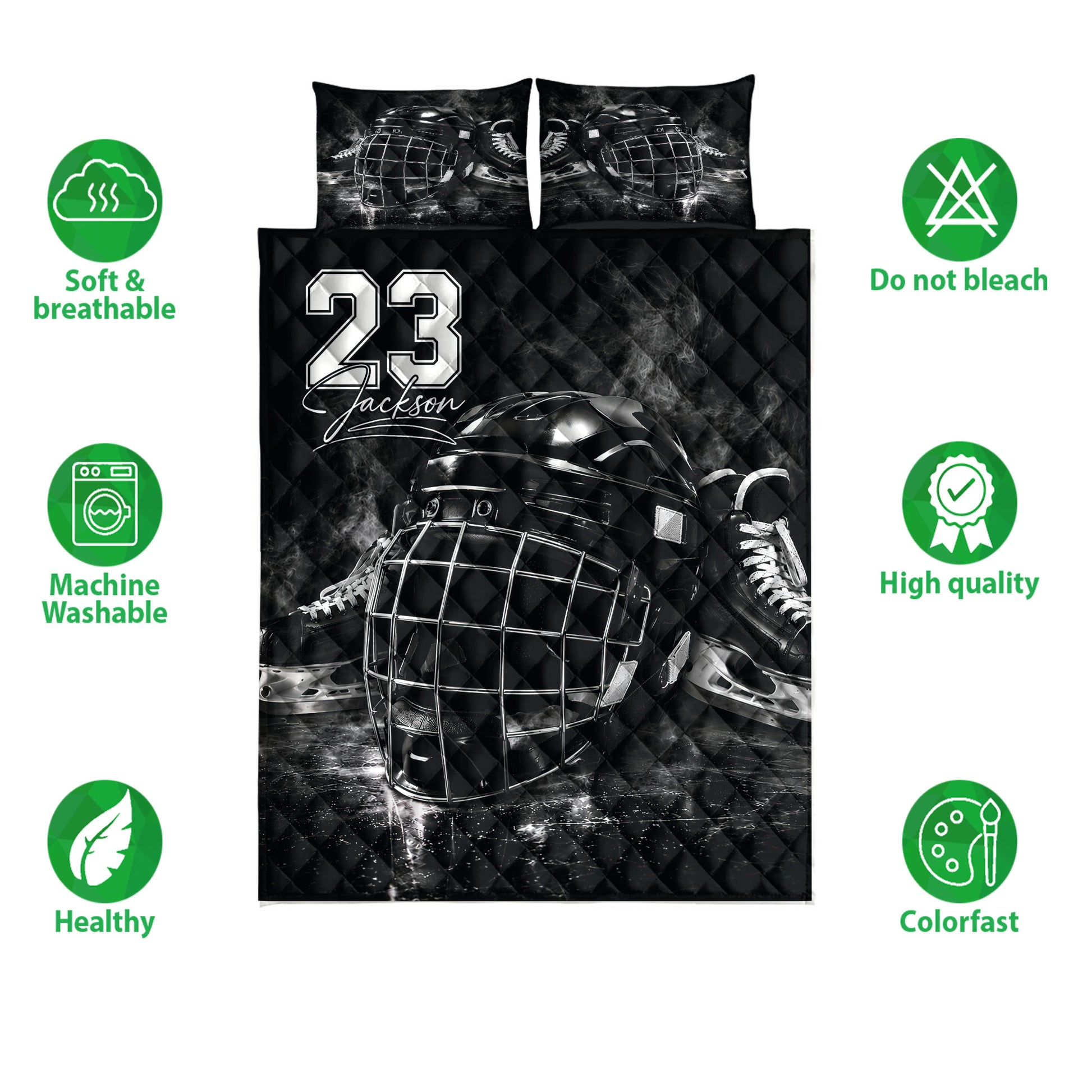 Hockey quilt bedding set shown with goalie gear artwork and soft breathable product feature icons