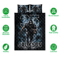 Football quilt bedding set shown front-facing with bold sports artwork and product feature icons