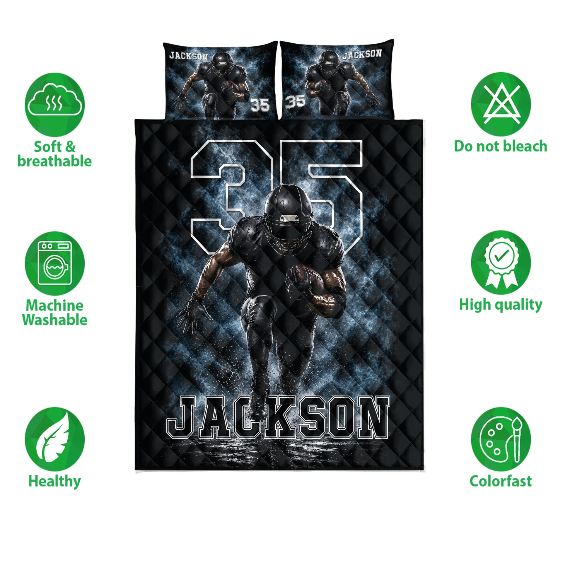 Football quilt bedding set shown front-facing with bold sports artwork and product feature icons