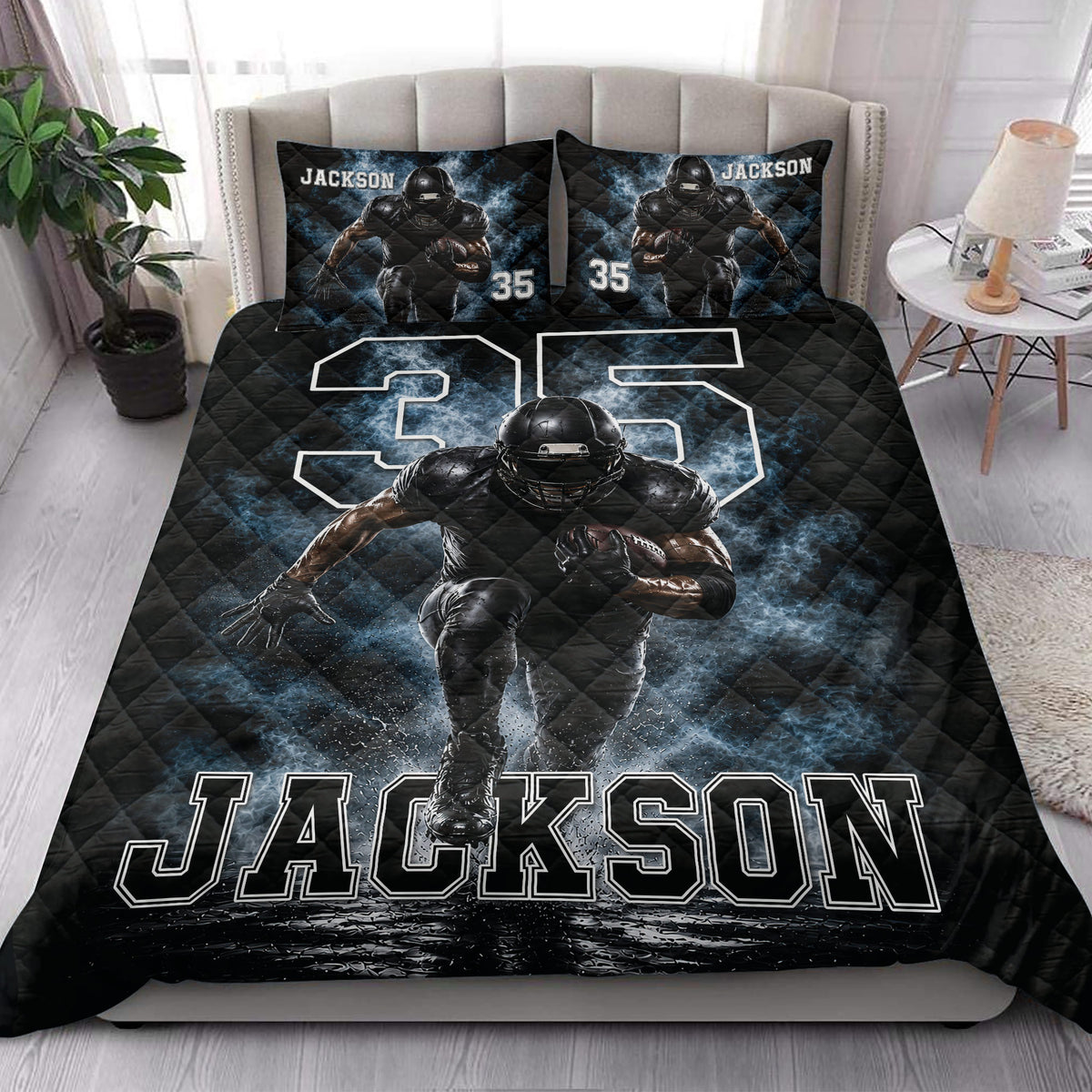 Football quilt styled across a bedroom with dramatic player artwork in black and blue