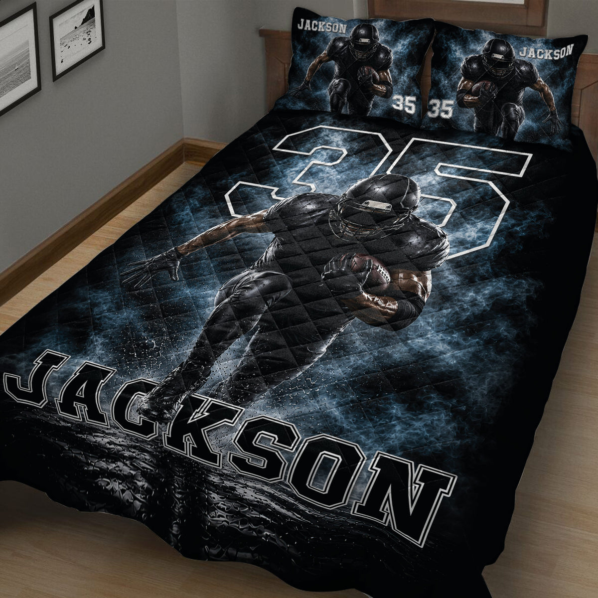 Close bedroom view of a football quilt blanket featuring a running player and bold athletic graphics