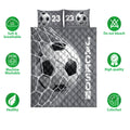 Soccer quilt bedding set displayed with ball and goal net artwork alongside product feature icons
