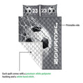 Soccer quilt bedding set showing the printed front design, quilted texture, and white reverse side