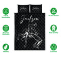 Wrestling quilt bedding set shown with grappling artwork and product feature icons