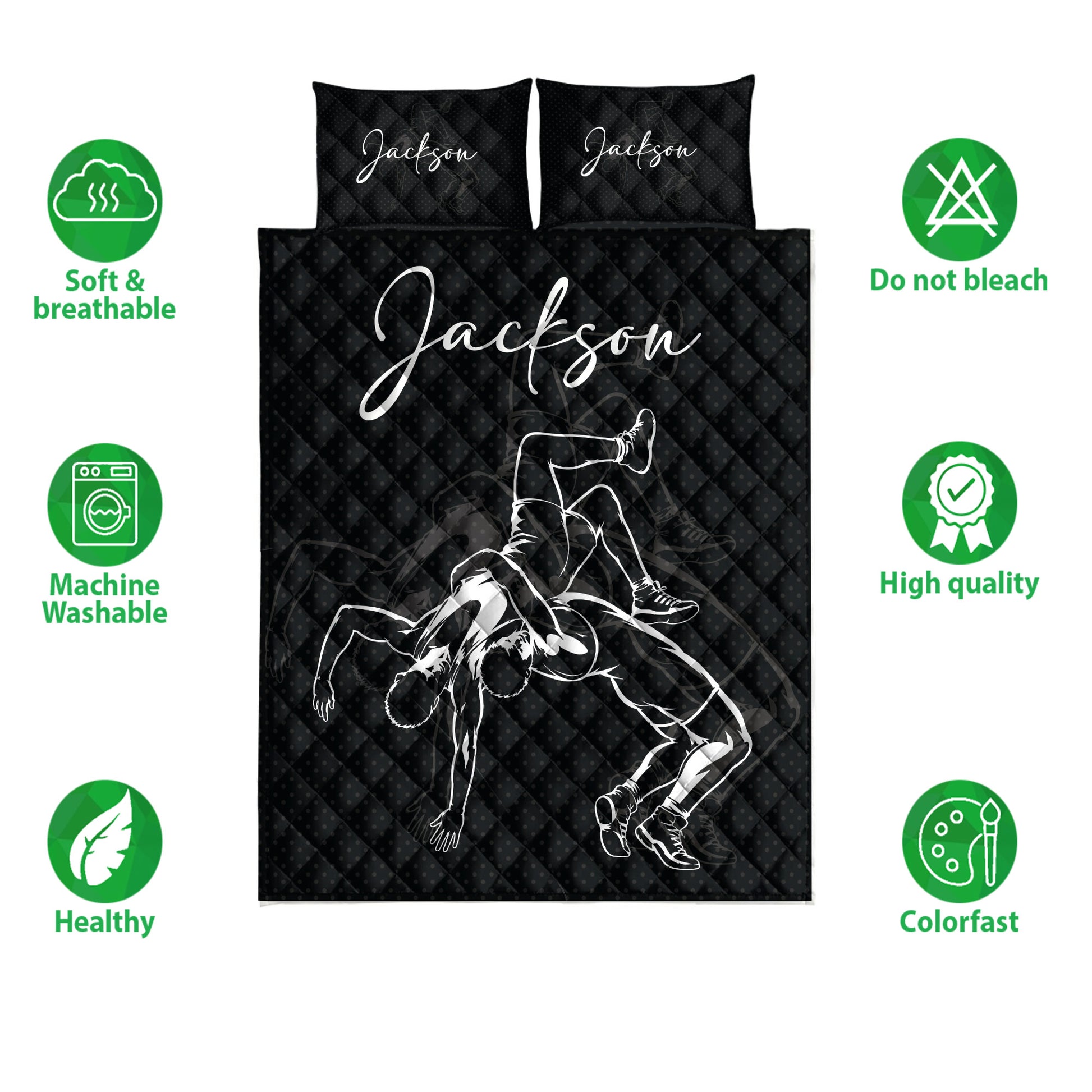 Wrestling quilt bedding set shown with grappling artwork and product feature icons