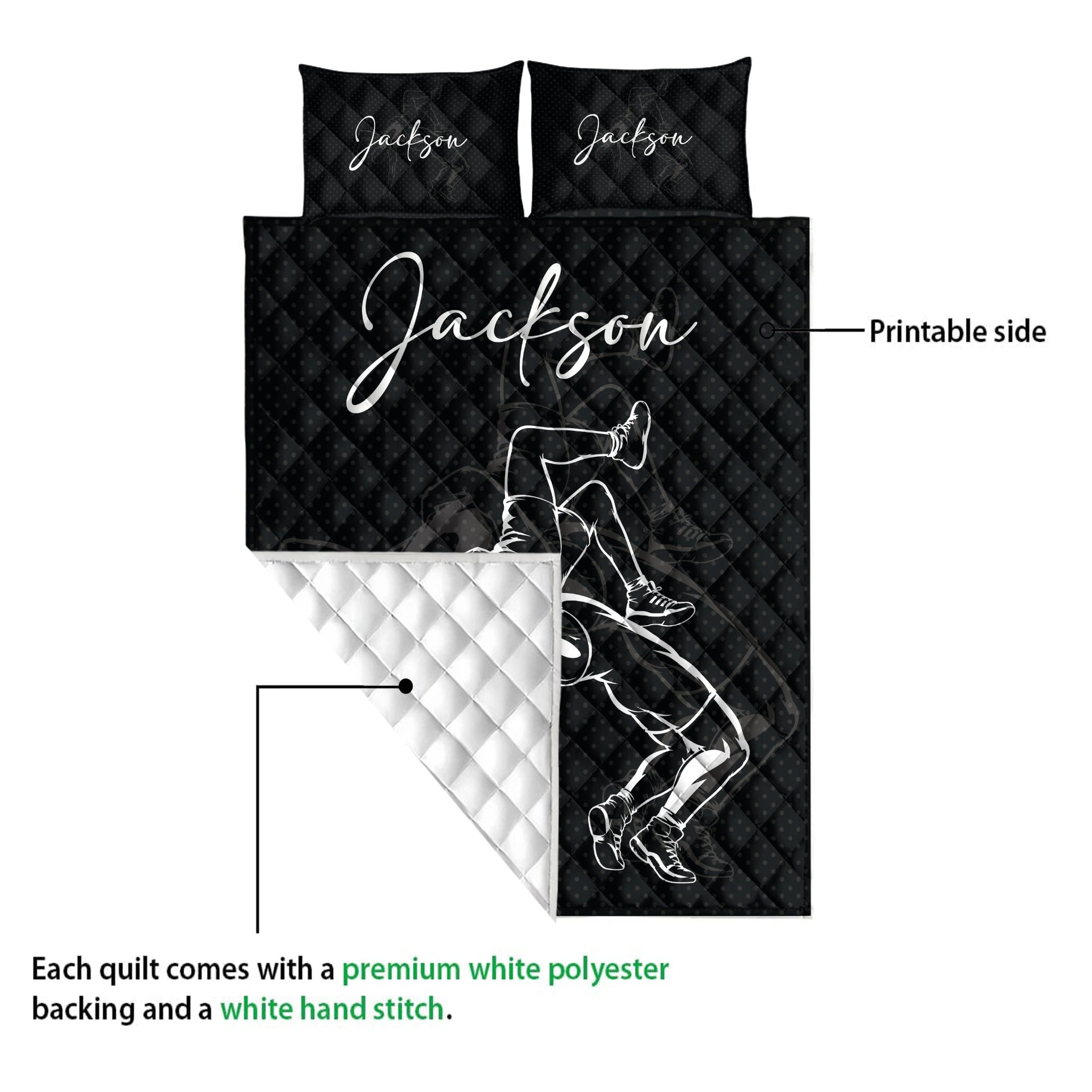 Wrestling quilt blanket shown with printable front and white quilted backing