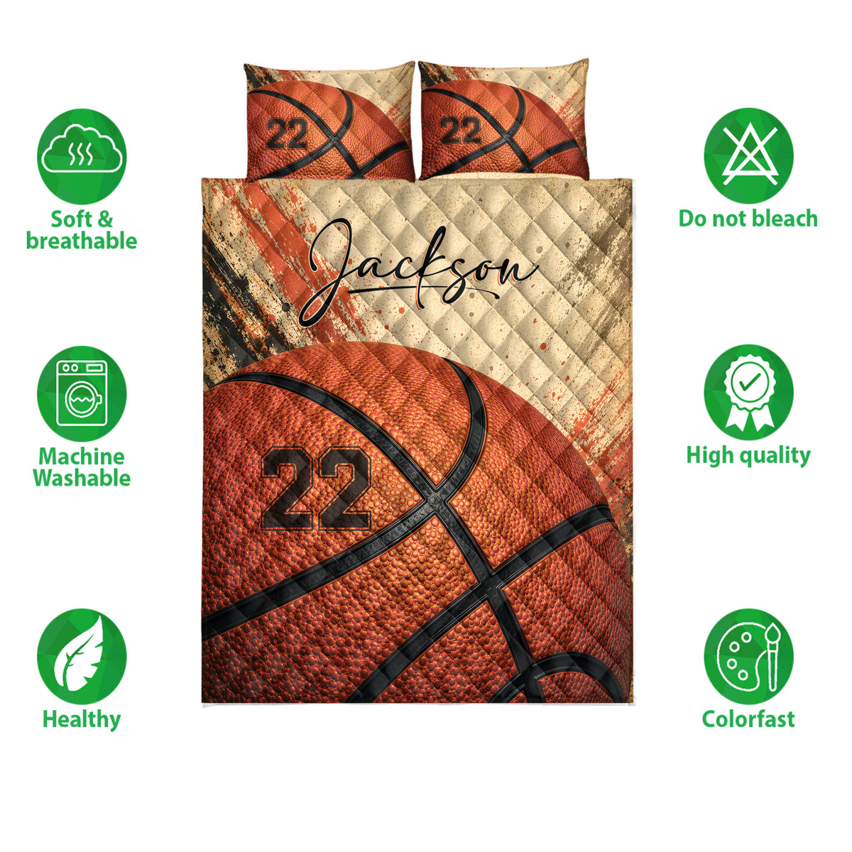 Basketball quilt bedding set shown front-facing with vivid orange artwork and bedroom styling