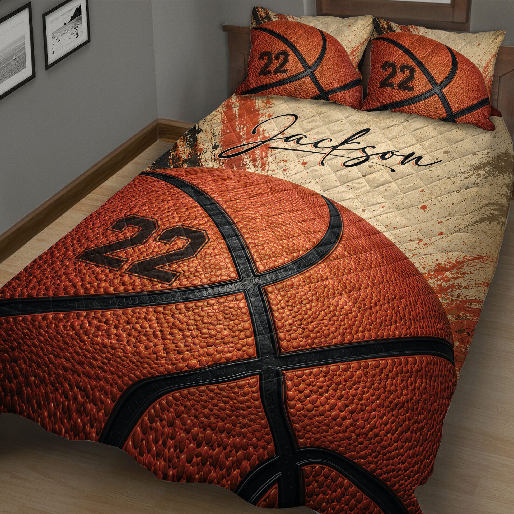 Close-up basketball quilt blanket featuring realistic textured basketball artwork in orange and black