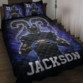Football quilt bedding set displayed on a bed with blue and black player artwork