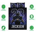 Football quilt bedding set with player artwork shown alongside care and quality feature icons