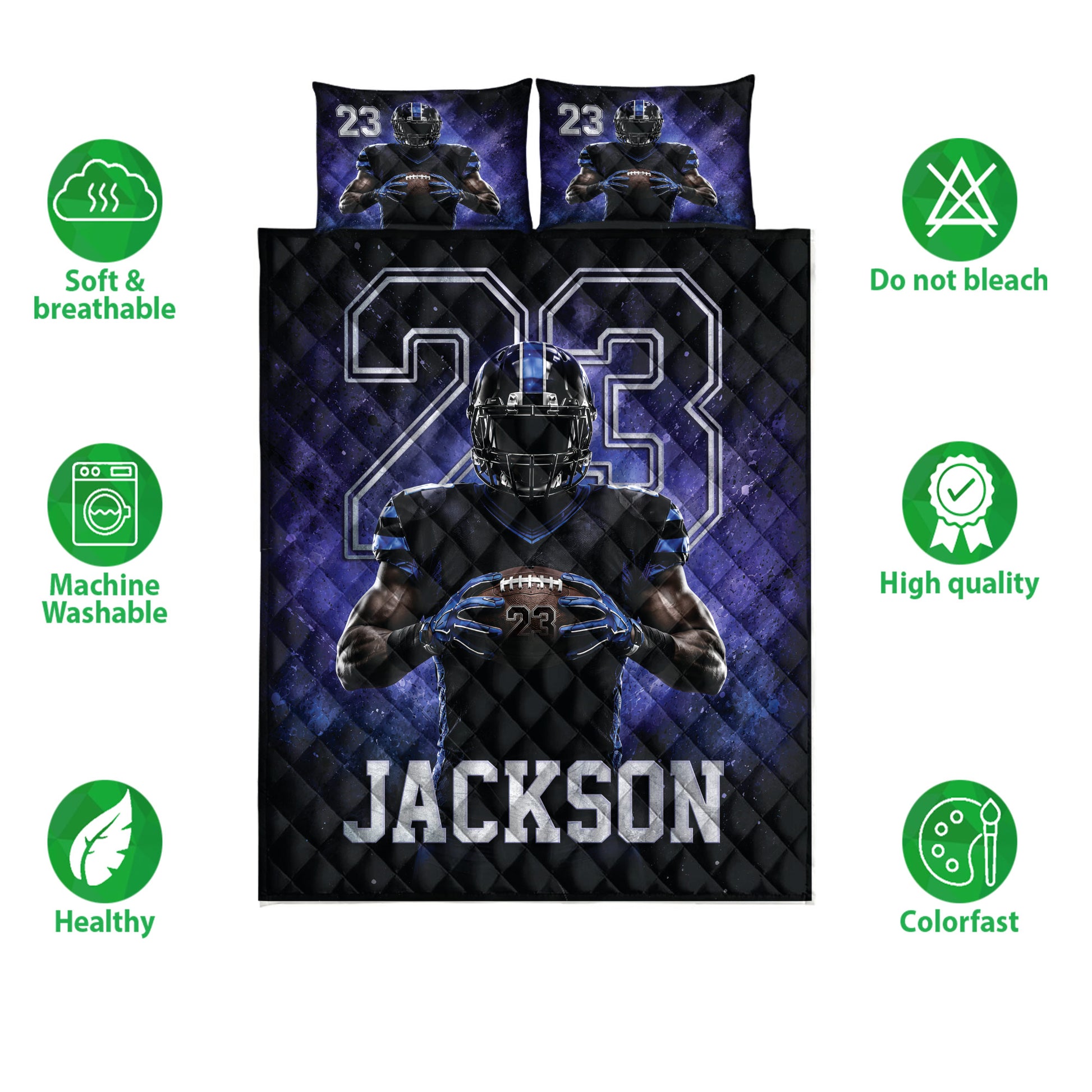 Football quilt bedding set with player artwork shown alongside care and quality feature icons