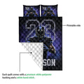 Football quilt close-up showing the printed player design and white quilted backing