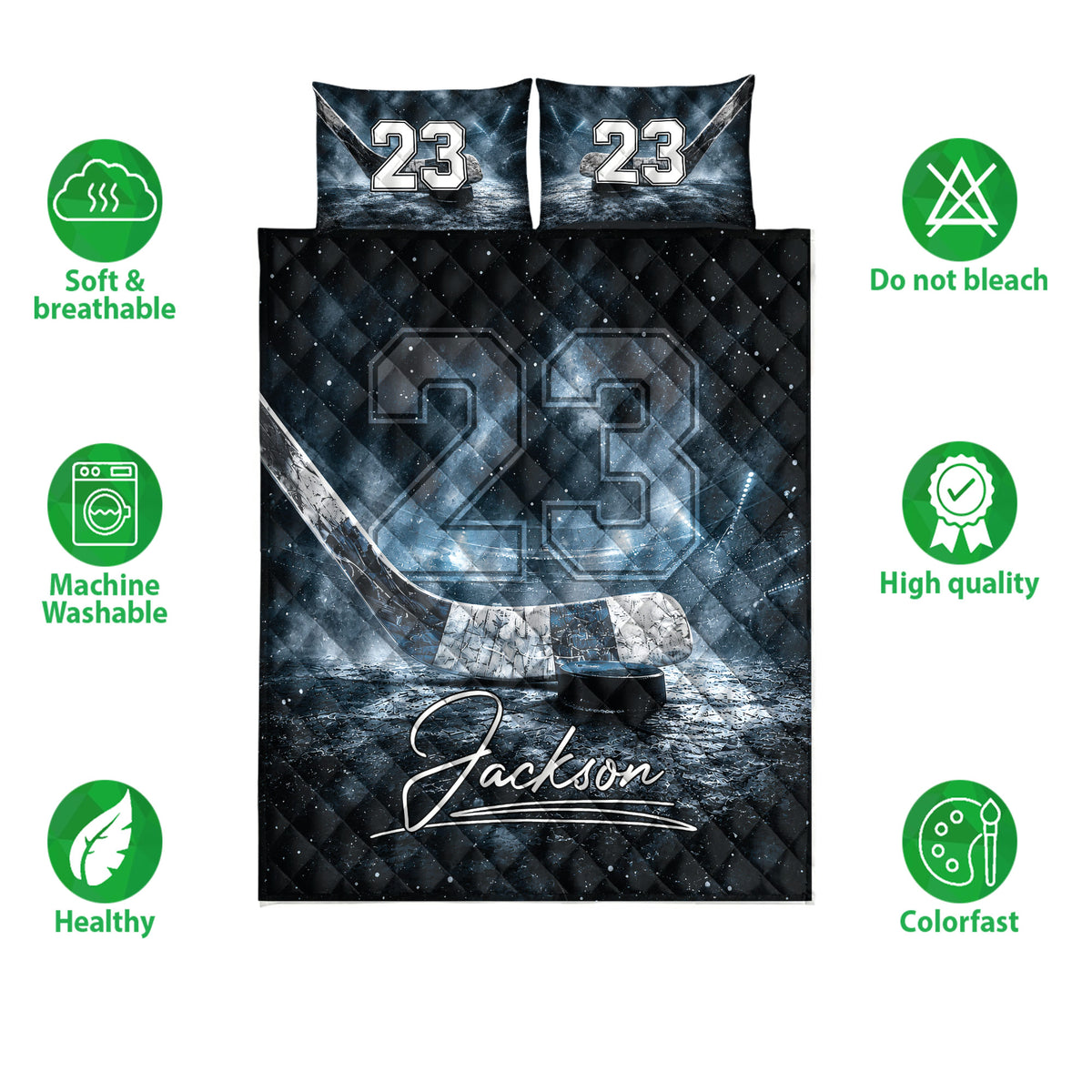 Hockey quilt bedding set shown flat with icy blue rink artwork, hockey stick, puck, and feature icons