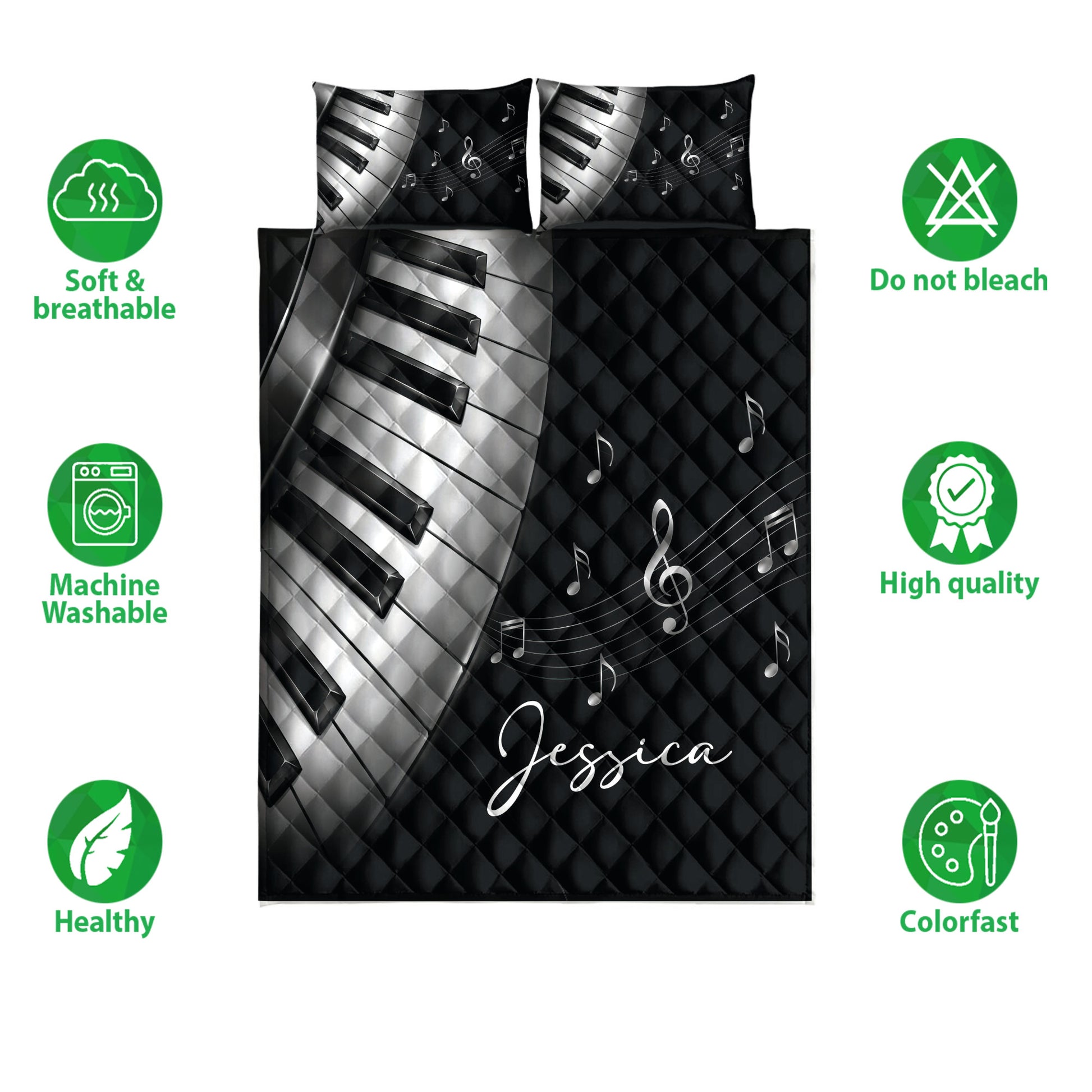 Piano quilt bedding set displayed with black and white keys, music notes, and product feature icons