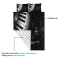 Piano quilt blanket showing the printed front and white quilted backing in a product detail view