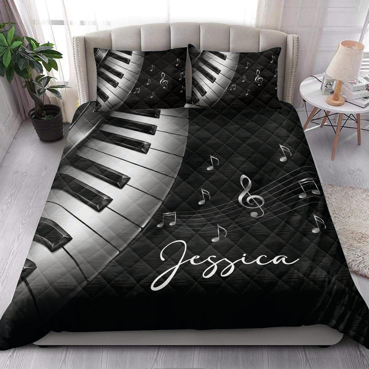 Piano-themed quilt blanket styled on a bedroom bed with musical notes and treble clef design
