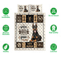 Doberman quilt bedding set shown with matching dog artwork and soft breathable care feature icons