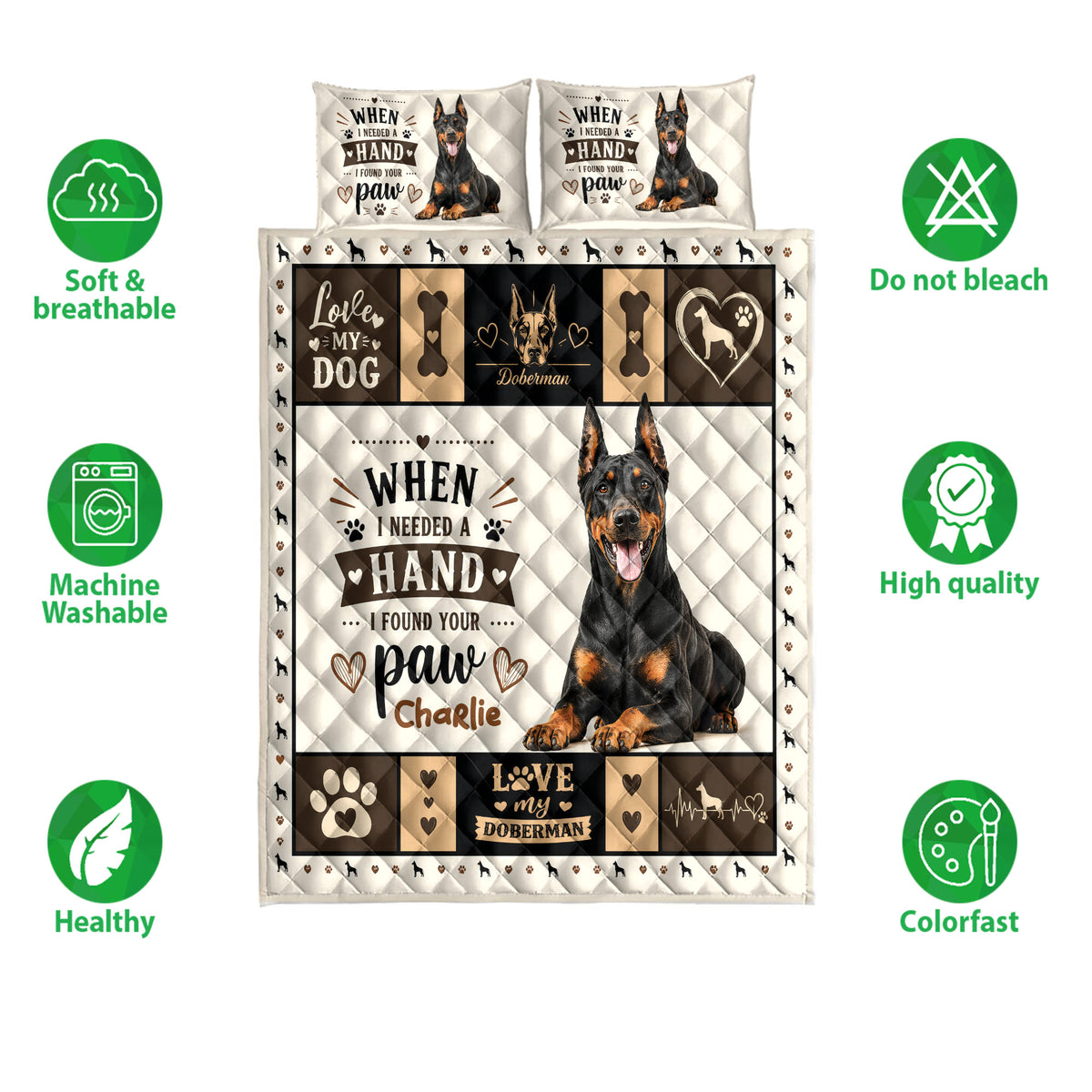 Doberman quilt bedding set shown with matching dog artwork and soft breathable care feature icons