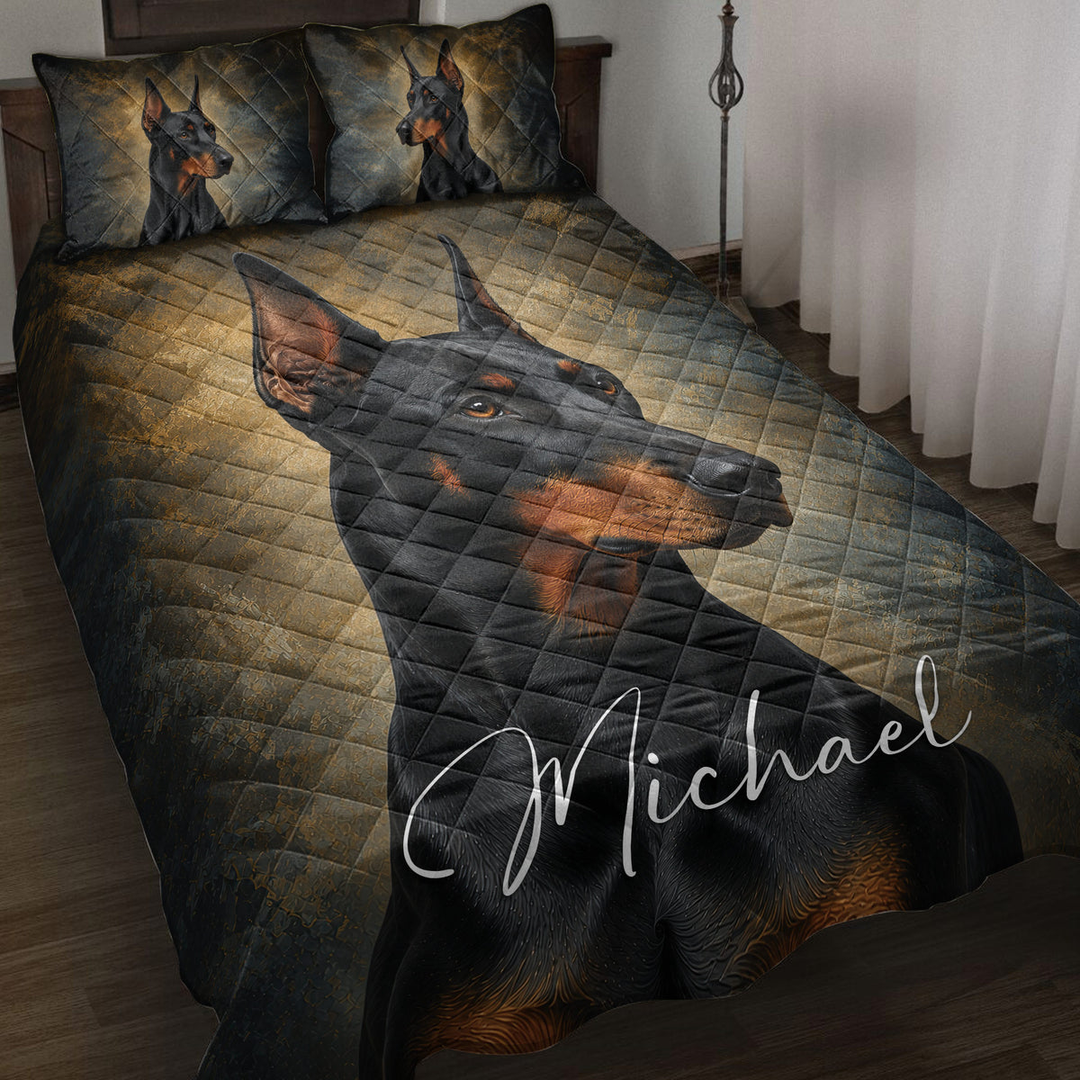 Doberman quilt blanket styled on a bed with black and bronze artwork and matching dog portrait bedding