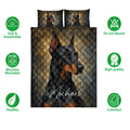 Doberman quilt bedding set displayed with bold black and bronze dog artwork in a bedroom arrangement