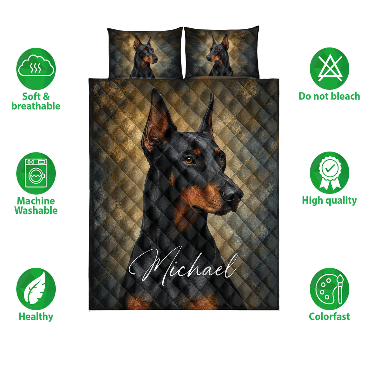Doberman quilt bedding set displayed with bold black and bronze dog artwork in a bedroom arrangement