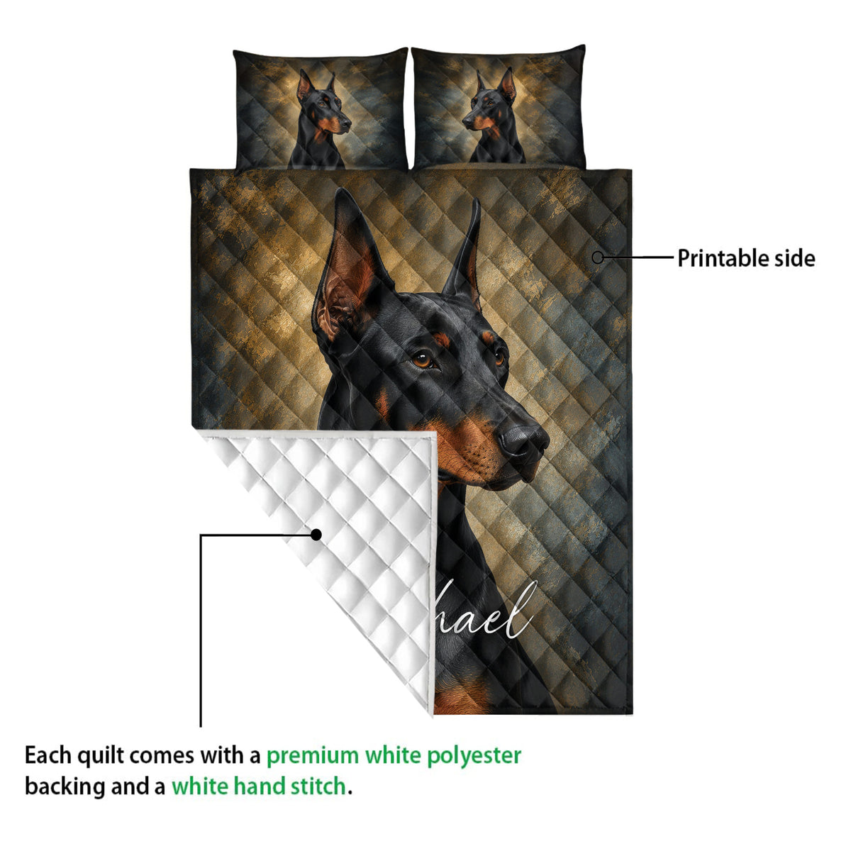 Doberman quilt showing the printed front and white quilted backing in a product detail presentation