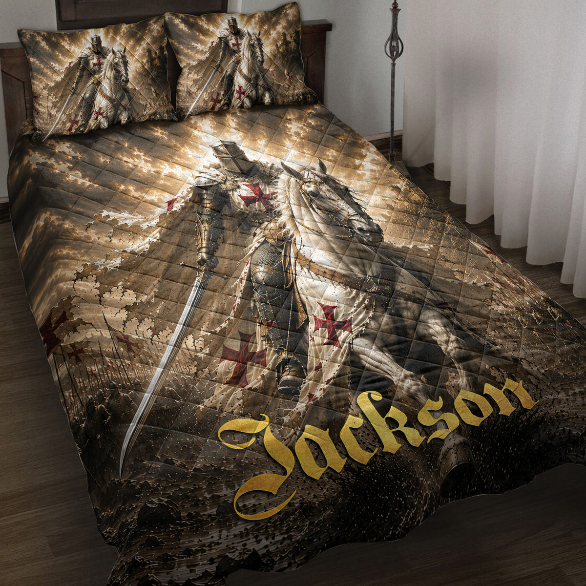 Knights Templar quilt blanket displayed on a bed with armored knight and white horse artwork