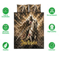 Knights Templar quilt bedding set shown with medieval knight artwork and product feature icons