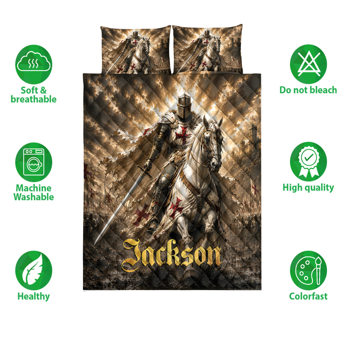 Knights Templar quilt bedding set shown with medieval knight artwork and product feature icons