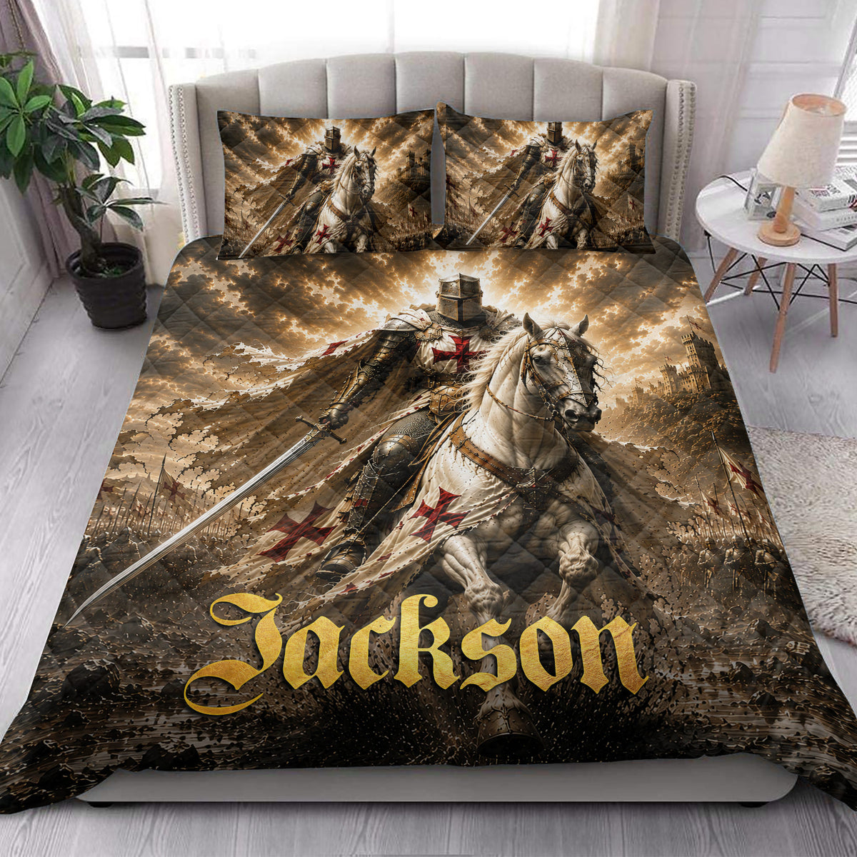 Knights Templar quilt bedding styled in a bright bedroom with medieval horseman artwork