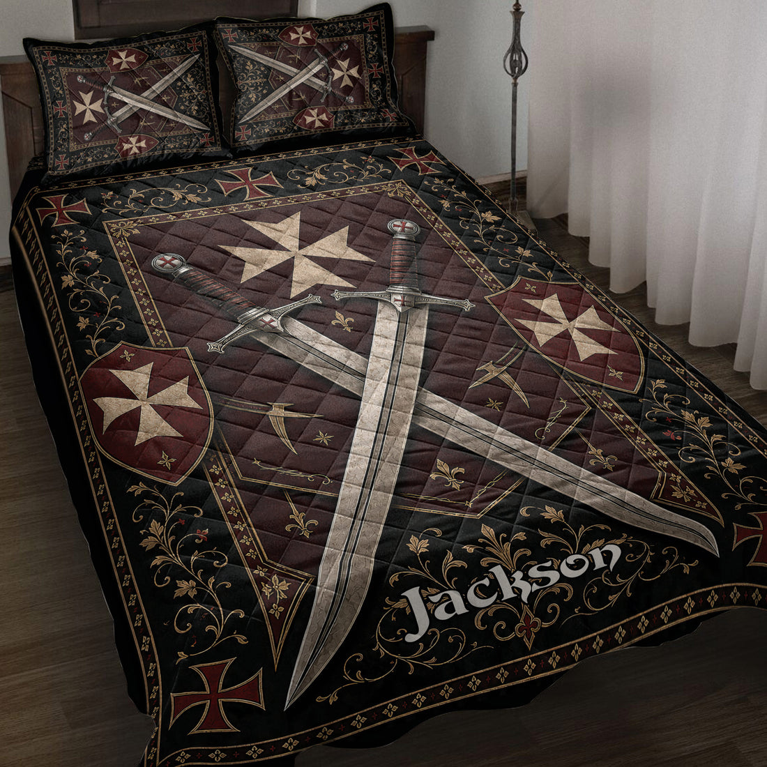 Knights Templar quilt blanket displayed on a bed with crossed swords, red crosses, and ornate medieval artwork