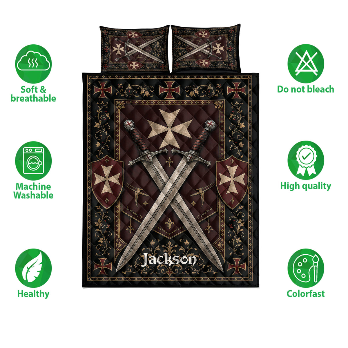 Knights Templar quilt bedding set with crossed swords, heraldic crosses, and ornate black and burgundy design