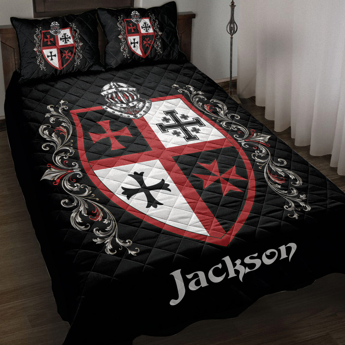 Black Knights Templar quilt blanket on a bed with red and white heraldic shield artwork