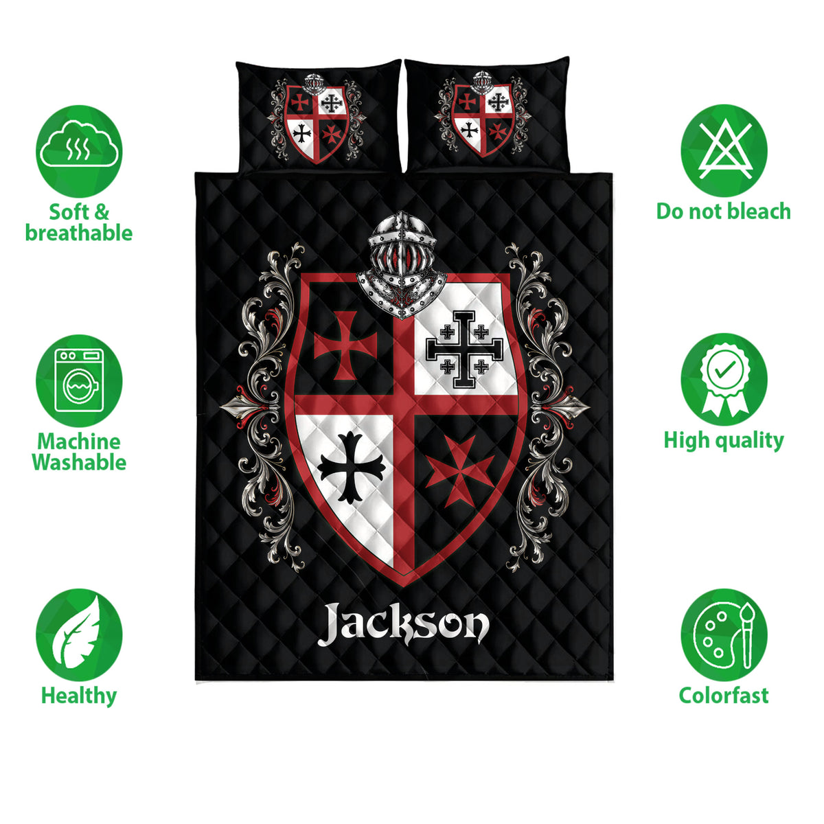 Knights Templar quilt bedding set with shield artwork shown alongside product feature icons