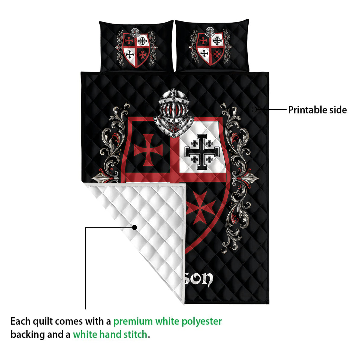 Knights Templar quilt blanket showing the printed front and white quilted backing