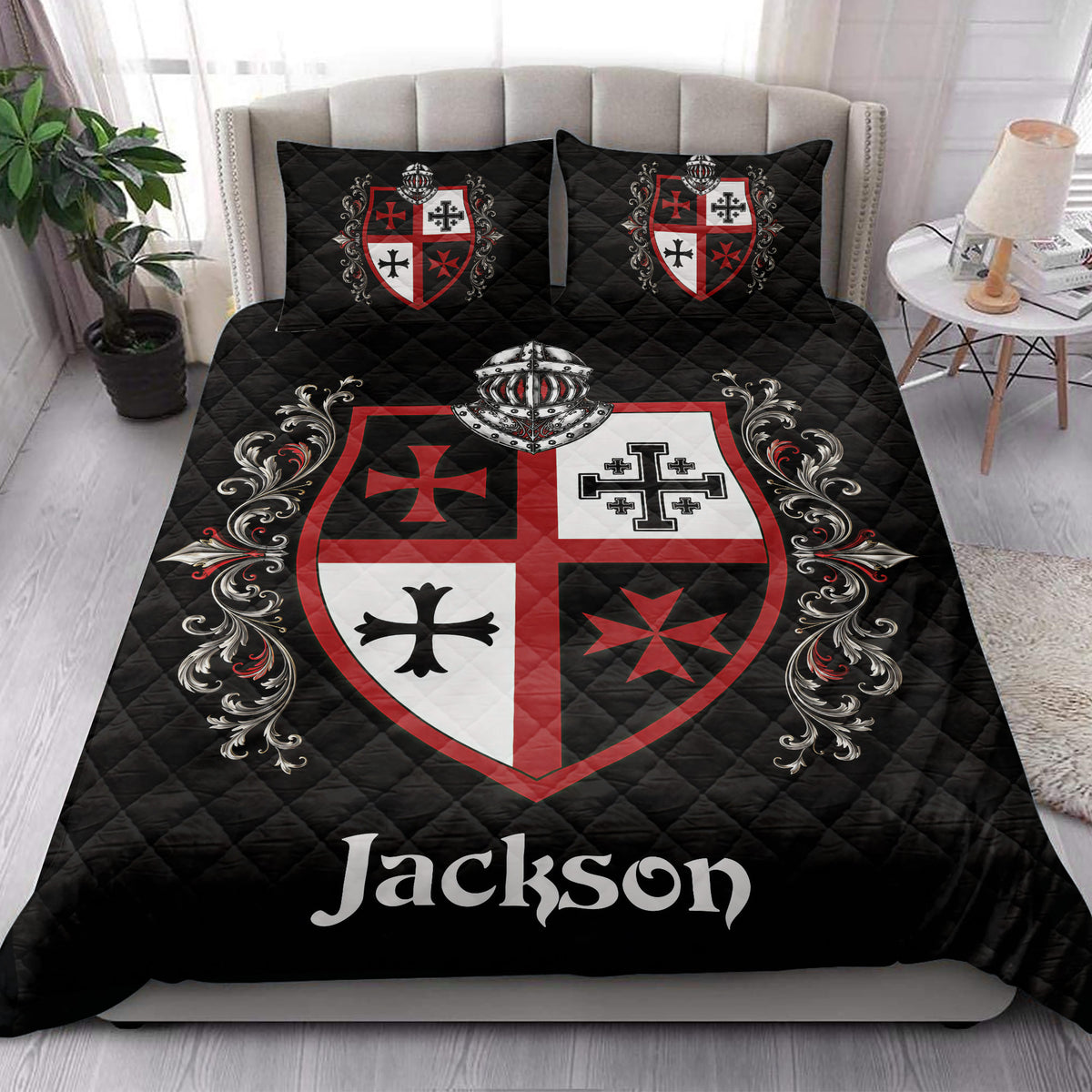 Knights Templar quilt bedding styled on a modern bed with matching heraldic shield artwork