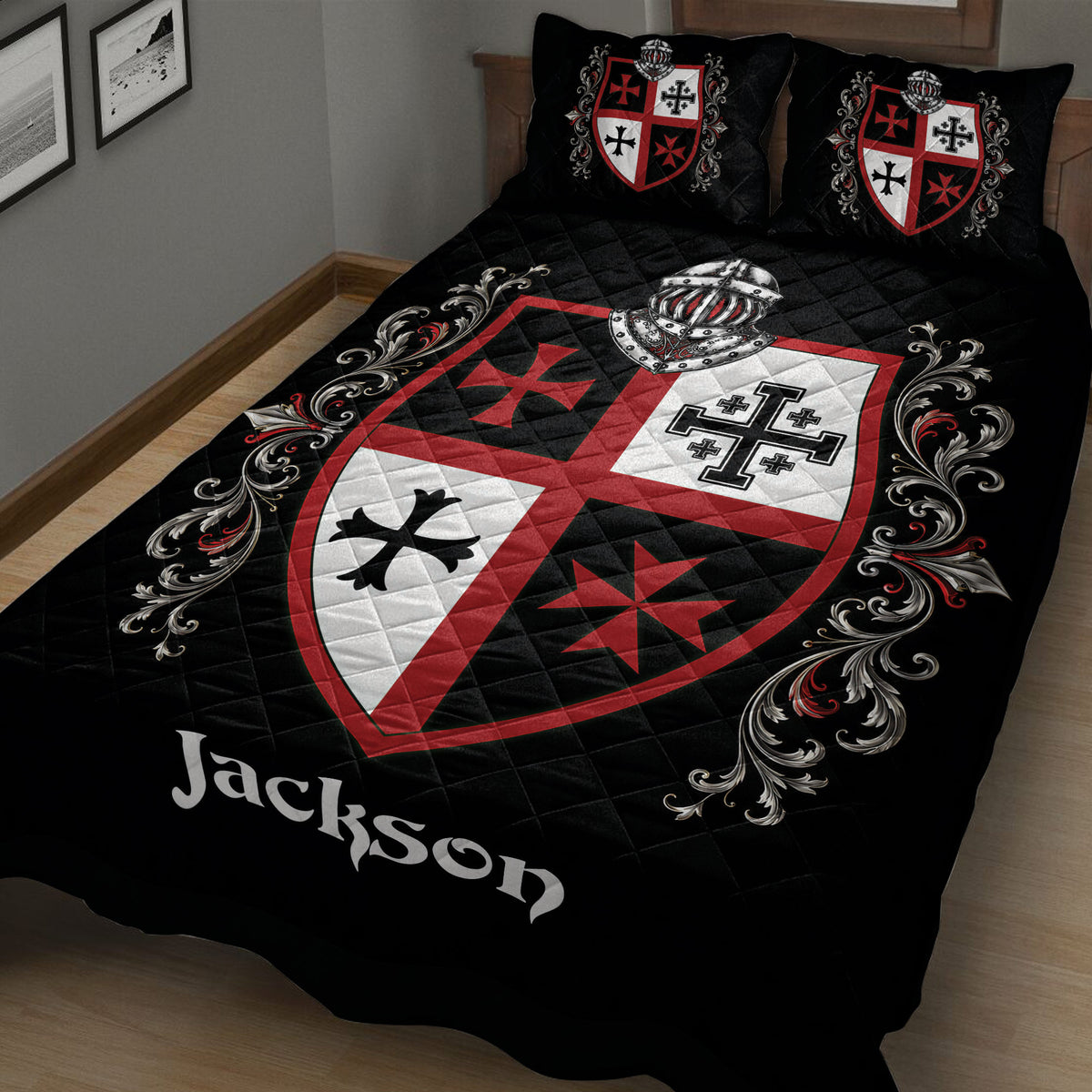 Black medieval Knights Templar quilt blanket displayed on a bedroom bed