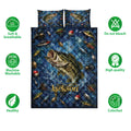 Bass fishing quilt bedding set shown with fishing artwork and product care feature icons