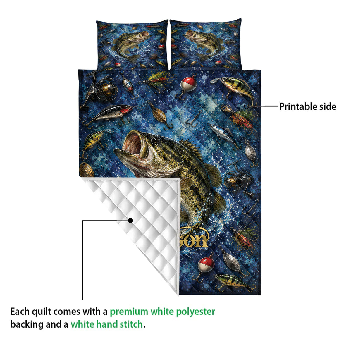 Fishing quilt blanket showing printed bass artwork, colorful lures, and a quilted white backing