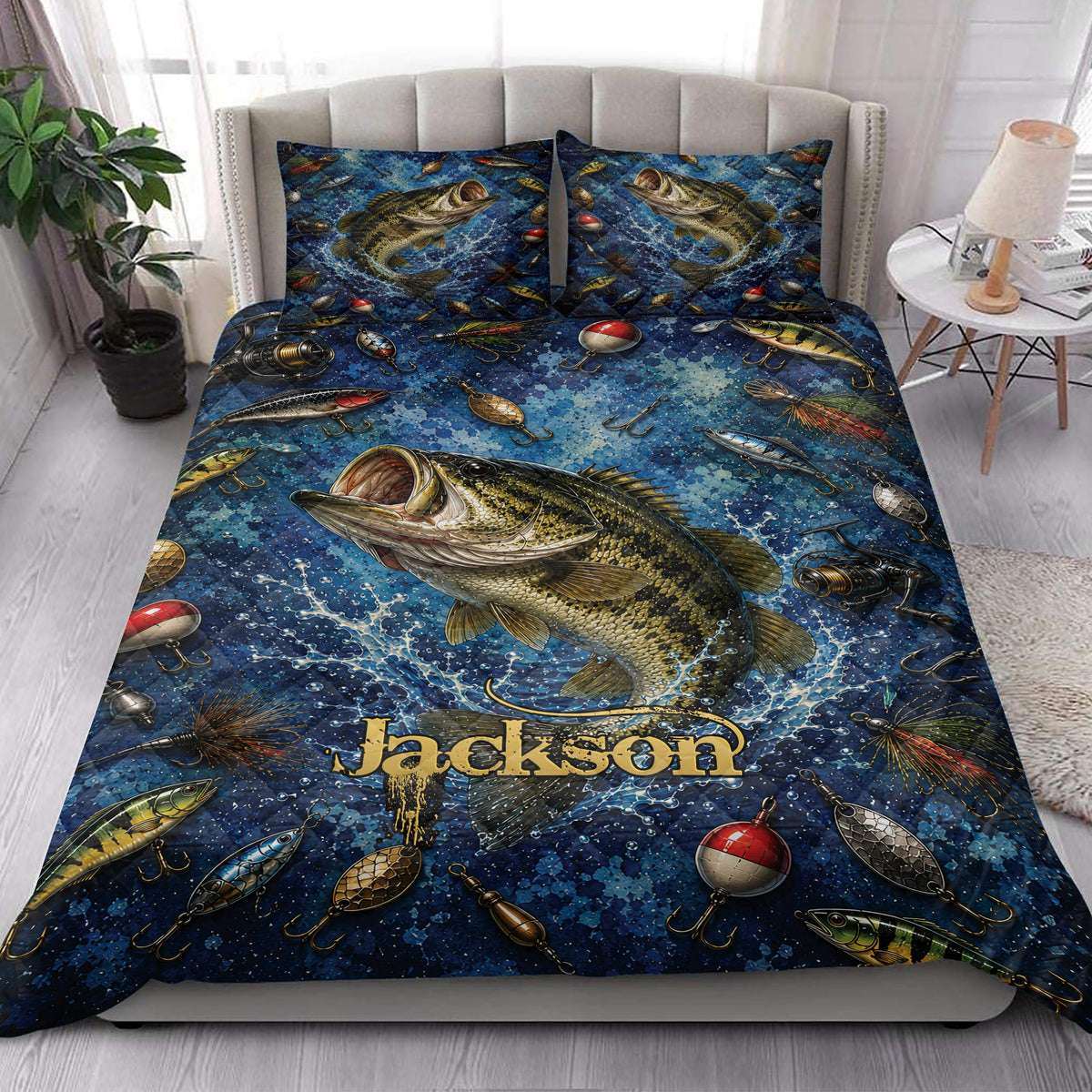 Fishing quilt bedding set styled in a bright bedroom with bass, lures, reels, and blue water artwork
