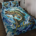 Fishing quilt blanket on a bed with a large bass, fishing rod, lure, and blue water splash artwork