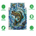Fishing quilt bedding set displayed with bass artwork and soft, breathable, washable, colorfast feature callouts