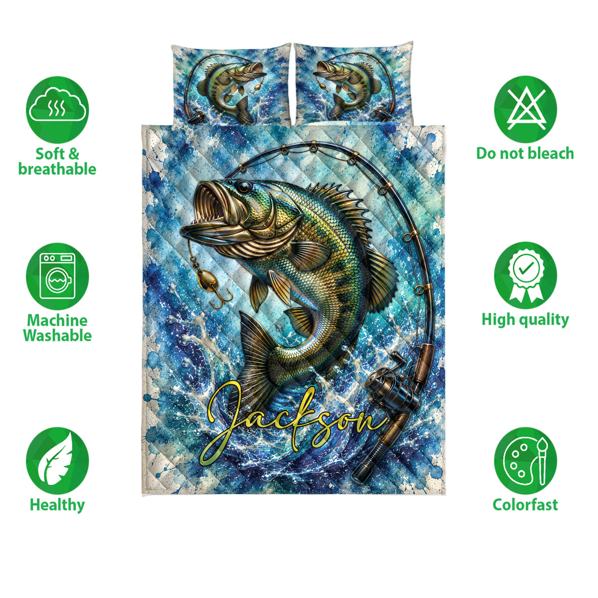 Fishing quilt bedding set displayed with bass artwork and soft, breathable, washable, colorfast feature callouts