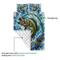 Fishing quilt blanket detail showing the printed bass design and white diamond-stitched backing