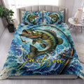 Fishing quilt blanket styled in a bright bedroom with bass, fishing rod, and blue water artwork